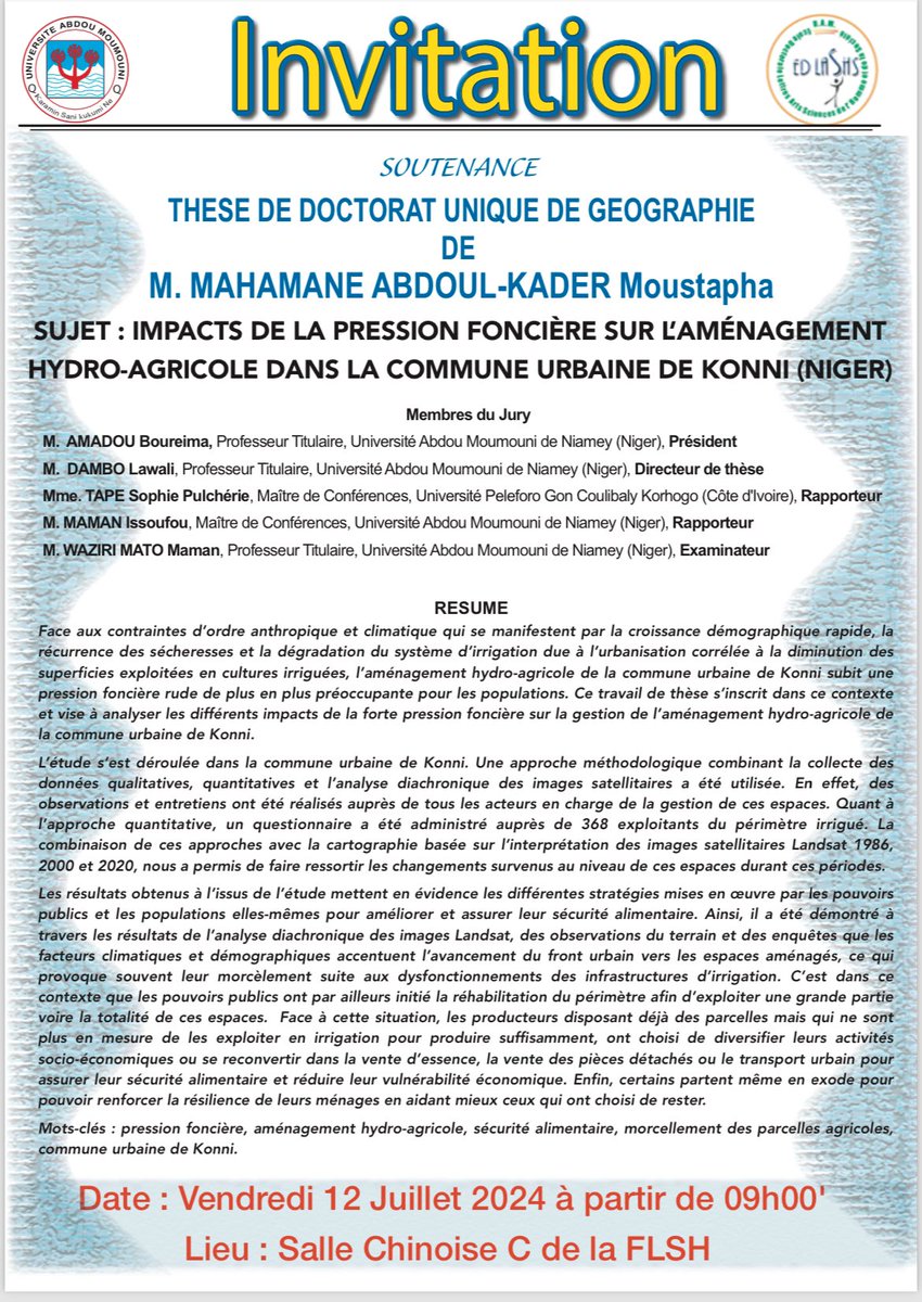 Mahamane A Moustapha (@moustka) on Twitter photo Honneur pour moi de vous inviter a ma soutenance de thèse de Doctorat en géographie qui aura lieu le 12 juillet 2024 a partir de 9h dans la salle chinoise de la faculté des lettres et sciences humaines.<a href="/OSMNiger/">OpenStreetMap Niger</a> <a href="/MapTicNiger/">MapTic</a> <a href="/openmapping_wna/">Open Mapping Hub - West and Northern Africa</a> #foncier <a href="/McaNiger/">Millennium Challenge Account - Niger (MCA-Niger)</a> <a href="/AnsiNiger/">ANSI-Niger</a> Honneur pour moi de vous inviter a ma soutenance de thèse de Doctorat en géographie qui aura lieu le 12 juillet 2024 a partir de 9h dans la salle chinoise de la faculté des lettres et sciences humaines.<a href="/OSMNiger/">OpenStreetMap Niger</a> <a href="/MapTicNiger/">MapTic</a> <a href="/openmapping_wna/">Open Mapping Hub - West and Northern Africa</a> #foncier <a href="/McaNiger/">Millennium Challenge Account - Niger (MCA-Niger)</a> <a href="/AnsiNiger/">ANSI-Niger</a>