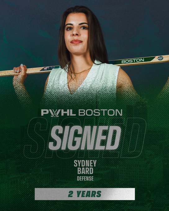 Graphic announcing a player signing:
Image cutout of Sydney Bard holding her draft stick on her shoulders.
Text reads Sydney Bard, Defense - 2 years