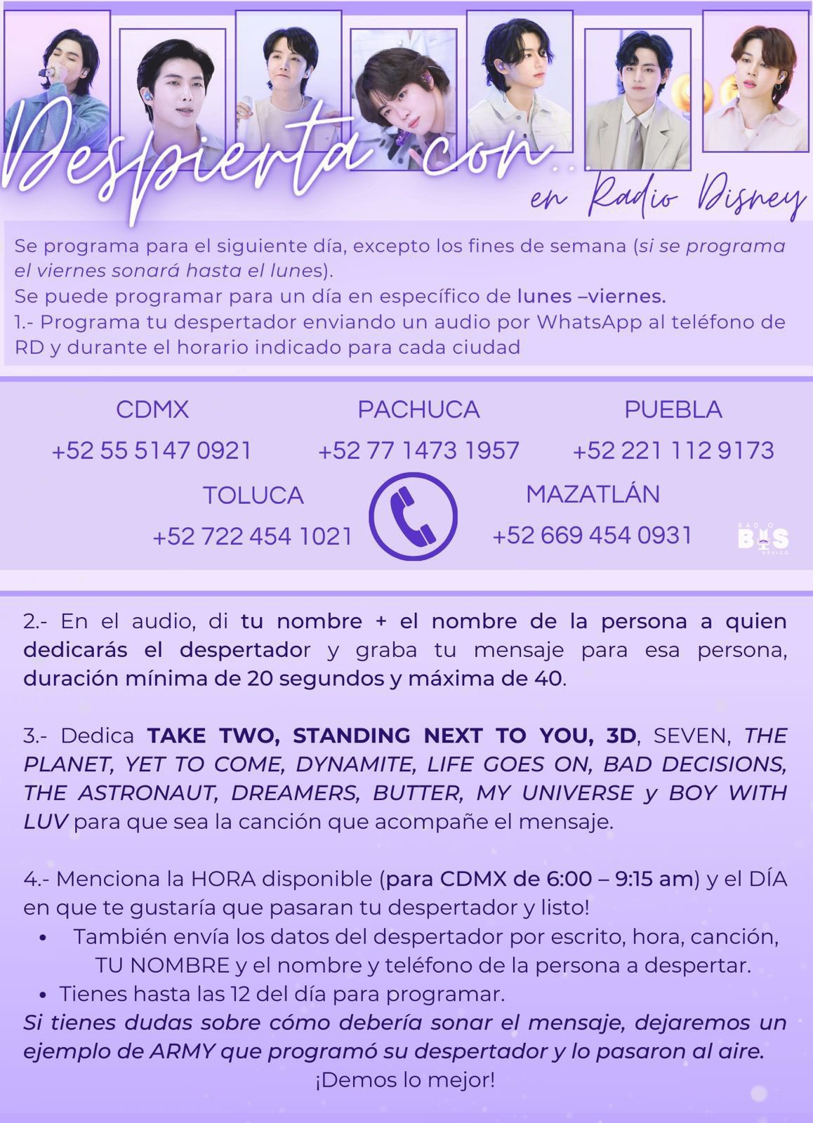 RADIO BTS MEXICO on X ARMY DAY EN RADIO DISNEY MEXICO ARMY Puedes programar tu despertador con una cancion de BTS twt en RadioDisneyMX y dedicar felicitaciones un bonito mensaje a otrxs