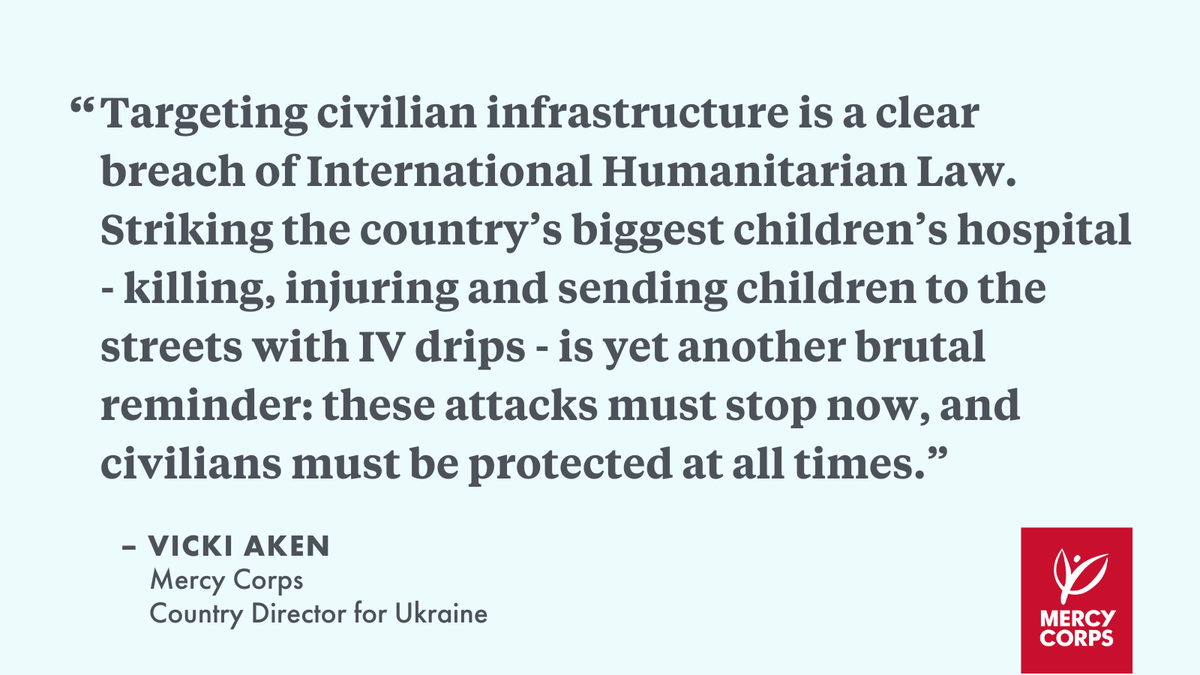 This morning's attacks on #Ukraine’s largest children’s hospital are a brutal reminder that attacks against #civilians must stop immediately. Hospitals are #NotATarget, children are #NotATarget. <a href="/vjaken/">Vicki Aken</a>