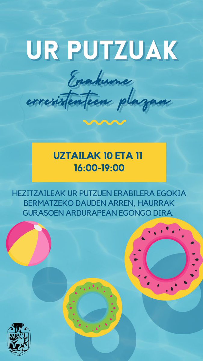 Eguaztenean eta eguenean ere, ur putzuak egongo dira Emakume erresistenteen plazan, 16:00-19:00 bitartean. #ElgetakoUdala