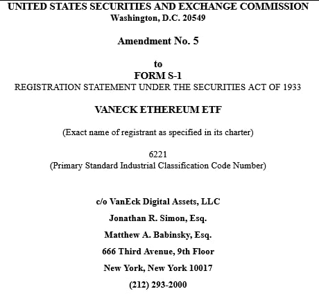 CryptooIndia's tweet photo. JUST IN: VanEck files S-1 amendment for its spot #Eth ETF https://t.co/pjPXmcfs2c