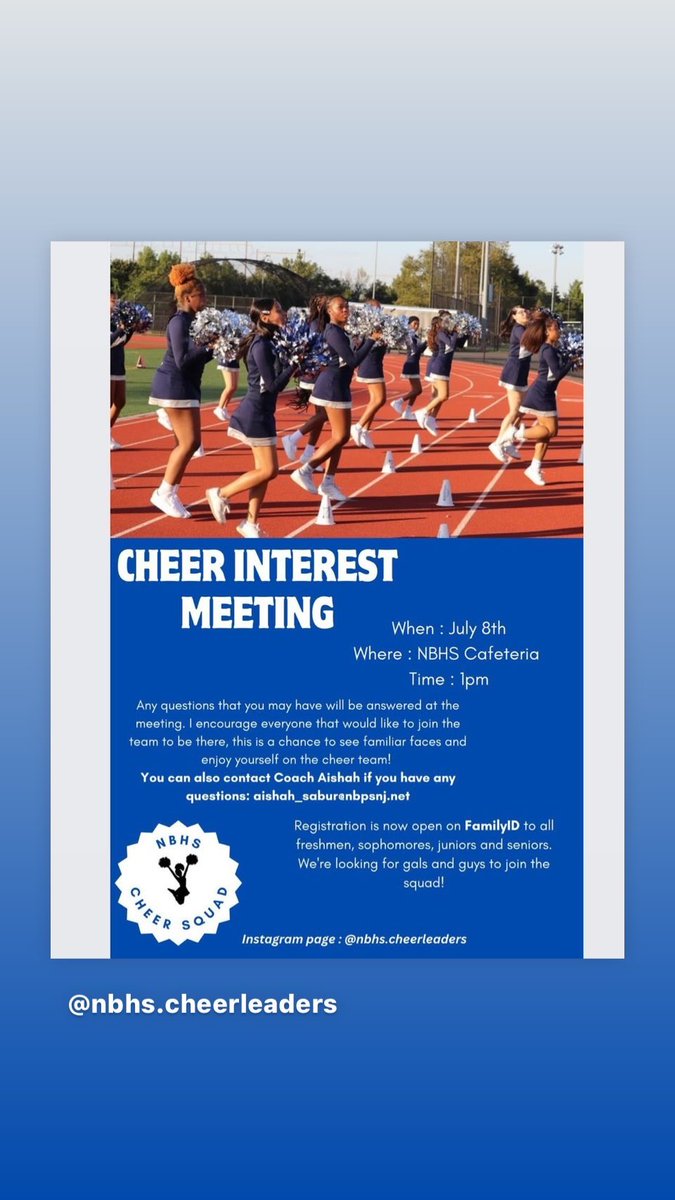 NBZebraSports's tweet photo. Attention Zebras,

Any 9th, 10th, 11th, or 12th graders who are interested in joining the NBHS cheerleading team. There will be a interest meeting today, Monday, July 8 at 1PM in the cafeteria. Make sure to sign up on FamilyID!

#EarnYourStripes #ALLIN4NB

https://t.co/3IILpOsroE https://t.co/TDZTtZUwEa