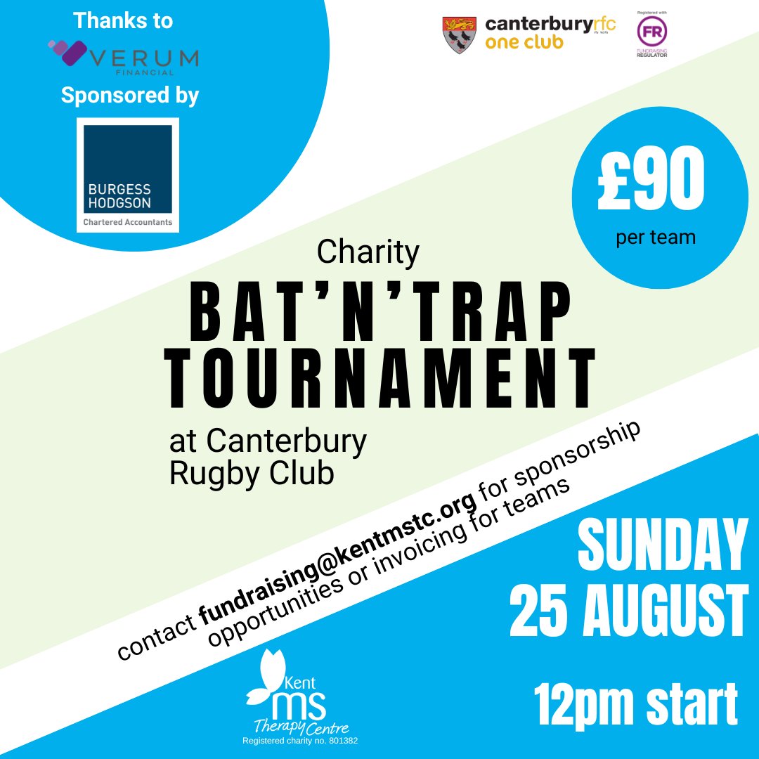 Book your team in... Verum Financial LLP are proud to be hosting a Bat &amp; Trap Tournament for the benefit of both KMSTC and Canterbury Rugby Club. The event is kindly sponsored by Burgess Hodgson LLP.

To book your team, you can click here: tickettailor.com/events/kentmst…