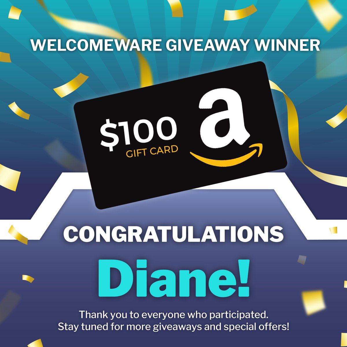 WelcomeWareLive's tweet photo. Congratulations to our Giveaway Winner, Diane! 🎉 Huge thanks to all 2,500+ entries! Next giveaway on July 15th. Stay tuned for more chances to win! #Giveaway #WelcomeWare #AmazonGiftCard https://t.co/A0nae7vynK