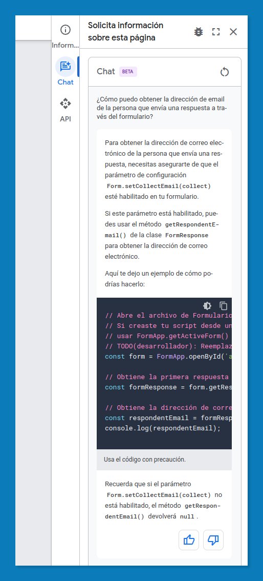 pfelipm's tweet image. 💡 #AppsScript tip:
Did you know that you can now interact with an AI assistant to solve your Apps Script related questions?  It's built into Google's developer docs and can provide quick start prompts and thorough answers, including sample code, in multiple languages 🤩.