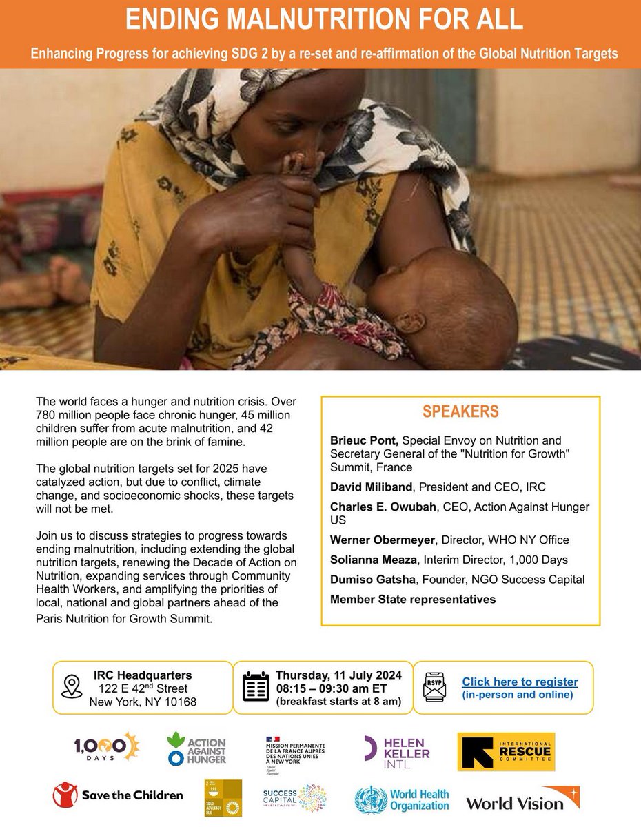 EleanorCrookFdn's tweet photo. *** Save the date ***

We’re pleased to share details of an upcoming nutrition event on the margins of the High-Level Political Forum: 𝐄𝐧𝐝𝐢𝐧𝐠 𝐌𝐚𝐥𝐧𝐮𝐭𝐫𝐢𝐭𝐢𝐨𝐧 𝐟𝐨𝐫 𝐀𝐥𝐥: 𝐄𝐧𝐡𝐚𝐧𝐜𝐢𝐧𝐠 𝐏𝐫𝐨𝐠𝐫𝐞𝐬𝐬 𝐟𝐨𝐫 𝐚𝐜𝐡𝐢𝐞𝐯𝐢𝐧𝐠 𝐒𝐃𝐆𝟐 𝐛𝐲 𝐚 𝐫𝐞-𝐬𝐞𝐭 𝐚𝐧𝐝 𝐫𝐞-𝐚𝐟𝐟𝐢𝐫𝐦𝐚𝐭𝐢𝐨𝐧 𝐨𝐟 𝐭𝐡𝐞 𝐆𝐥𝐨𝐛𝐚𝐥 𝐍𝐮𝐭𝐫𝐢𝐭𝐢𝐨𝐧 𝐓𝐚𝐫𝐠𝐞𝐭𝐬

🗓️ Thursday, 11 July 2024
⏰ 8:15 am - 9:30 am (breakfast starts at 8:00 am)
📍 Location: IRC HQ at 122 E 42nd St, New York, & Virtually via Teams

This event is hosted by the Government of France, @WHO, @RESCUEorg, the Wasting Advocacy Coalition, @savechildrenuk, @HelenKellerIntl, @1000Days, @acfusa, @WorldVision, Success Capital, and the @SDG2AdvocacyHub.

🎫 RSVP here: https://t.co/Je0TTpa6Tq

#HLPF2024 #EndMalnutrition