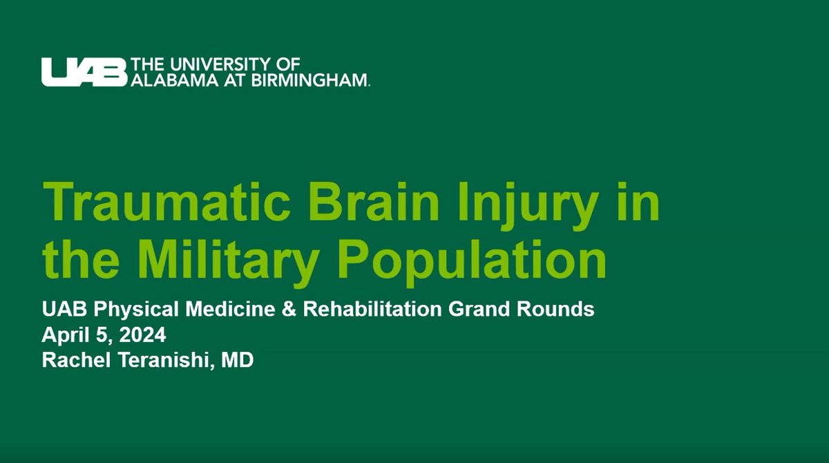 In this 42-minute video, <a href="/UABrehab/">UAB Dept. of Physical Medicine & Rehabilitation</a> Assistant Professor Dr. Rachel Teranishi discusses the characteristics of military TBI, the unique injury types, and the significance of other comorbid conditions such as PTSD and pain. youtu.be/4uf-g77J6y8