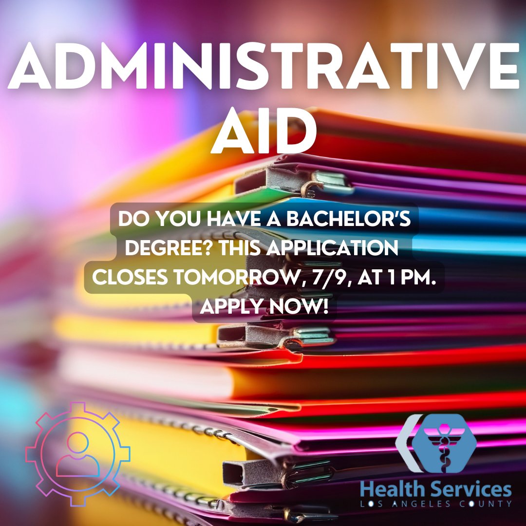 LACountyDHR's tweet photo. The LA County Department of Health Services is hiring an Administrative Aid. Closes TOMORROW 7/9 @ 1 PM. Apply now: https://t.co/zjdy5aOxzN #lacounty #careers #lacountyjobs #jobhunt #jobsearch #hiringnow #losangeles #countyjobs #jobseekers #nowhiring #jobs #hiring #lacountycareer https://t.co/fFdgJoj9oP