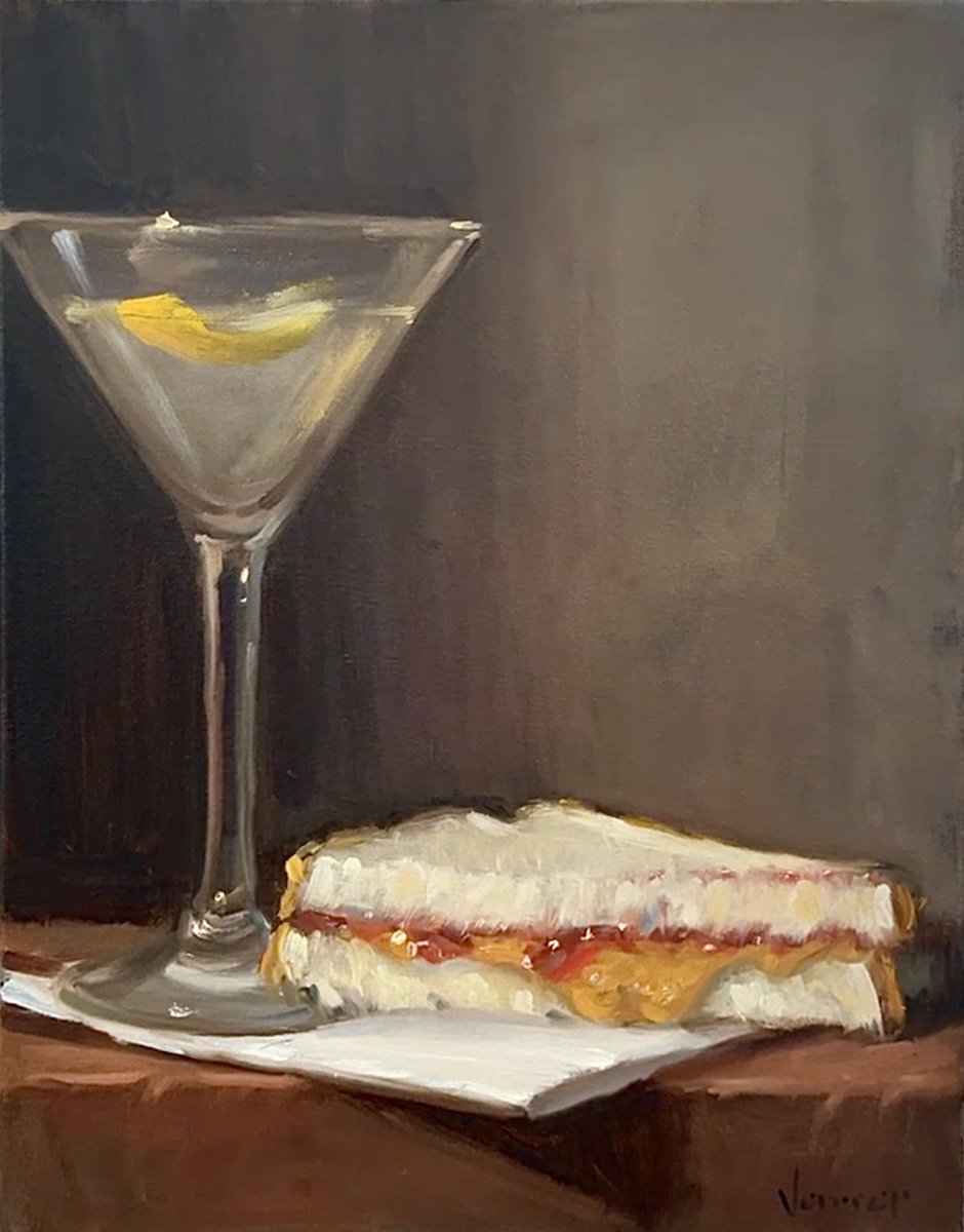 NoahVerrier's tweet photo. My oil painting of a Martini and PBJ https://t.co/TPZiuTcxeJ