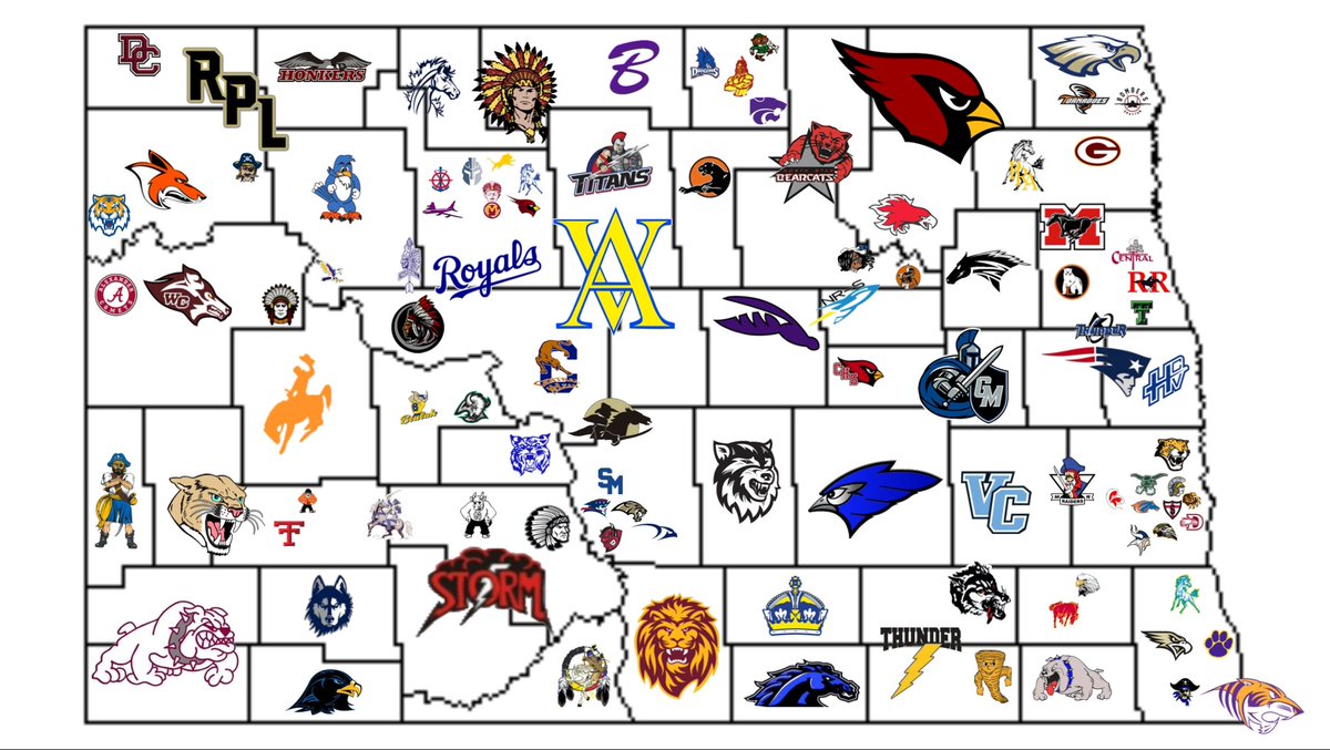 owen_pxp's tweet photo. Here is North Dakota’s high school football map. @CFBHome @SickosCommittee 

We have entire county, multiple county, and even three-state co-ops!

#NDPreps https://t.co/eaMJag2ufL