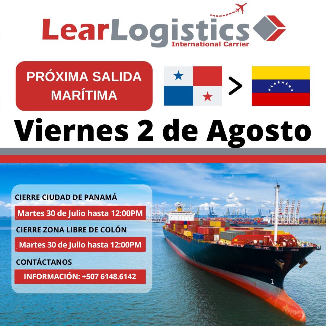 Salida Marítima #PanamaVenezuela el 2 de Agosto 2024.  

- ¡Cotiza con nosotros!   
- Envía con los expertos en el área  
- 💪 Deja tu inversión en nuestras manos.     

Dos Salidas Aéreas Panamá/Venezuela cada semana 📷 
#tucargasegura #learlogistics
