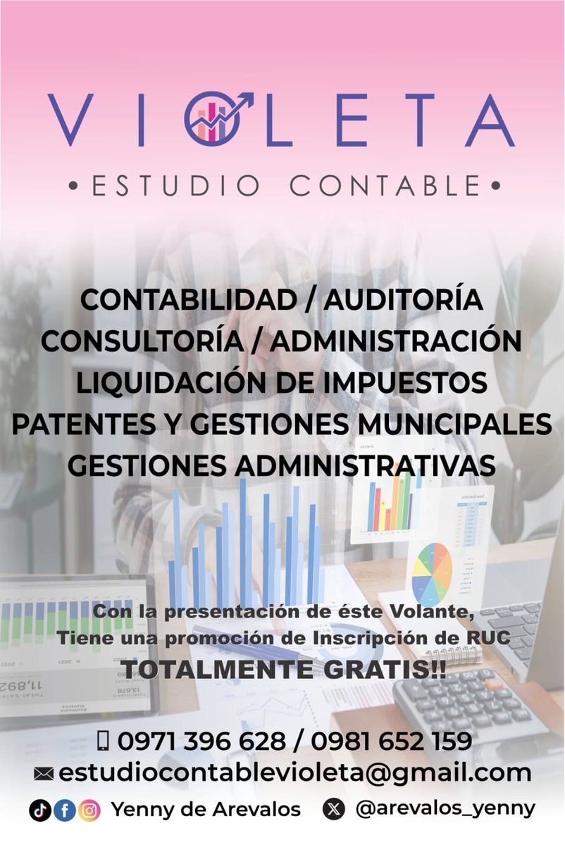 Este julio estamos de fiesta en el
ESTUDIO CONTABLE VIOLETA.
El 15 de Julio es mi cumpleaños!!!
Pero este año EL REGALO TE LO LLEVAS VOS...
-RUC GRATIS-
POR TODO EL MES DE JULIO
Contactanos 📲
wa.me/595971396628
wa.me/595981652159