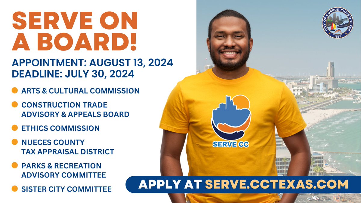 cityofcc's tweet photo. Looking to make a difference in your community? The City Secretary’s Office is seeking applications for the following boards at https://t.co/2606QR7ukY. The appointment date is August 13, 2024 and the deadline is July 30, 2024. #CorpusChristi #ServeCC #CorpusChristiBoards https://t.co/cmYkB9uhx2