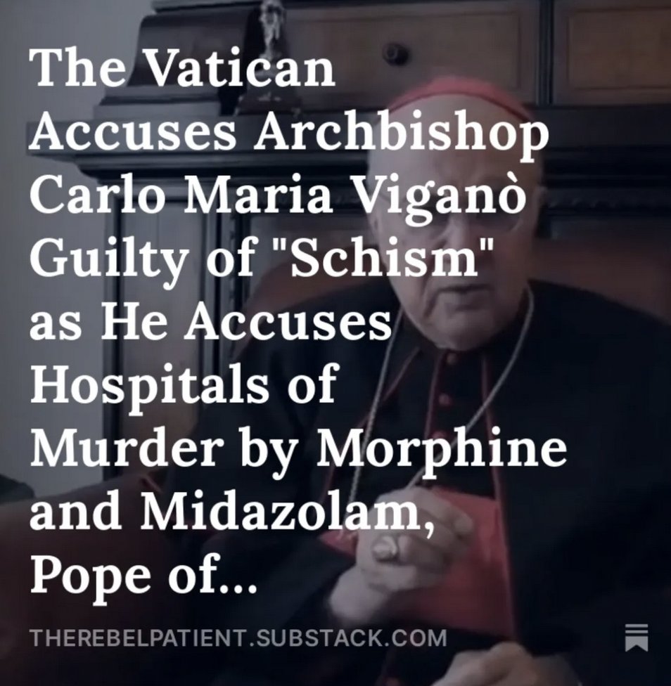 DrMargaretShow's tweet photo. #HospitalProtocols #WEF #midazolam #morphine #Remdesivir #ProtocolKills
The Vatican Accuses Archbishop Carlo Maria Viganò Guilty of "Schism" as He Accuses Hospitals of Murder by Morphine and Midazolam, Pope of Collaborating with the WEF and The Great Reset, by @TheRebelPatient @DrMargaretAran1
Viganò Issues A Warning That "Pope Francis is An Enthusiastic Collaborator in the World Economic Forum's Great Reset"
We had been occasionally following Carlo Maria Vigano, now stripped of his “Archbishop” title for “schism”. Now more so than ever, he appears lit on fire for telling the unwavering truth.
Note that Viganò was not only excommunicated for refusing to recognize either the authority of the Pope or the Second Vatican Council. He was also found guilty of “schism” which is a formal separation from the Church that leaves him unable to perform services or take the Sacraments, including Communion.
Nevertheless, yesterday, he tweeted that he performed mass.
Of course, Viganò got some negative feedback for holding mass after being excommunicated, but received overwhelming support. Many are thinking that he has already received ministerial certification from another religious entity...
https://t.co/NLqwd7gqEy