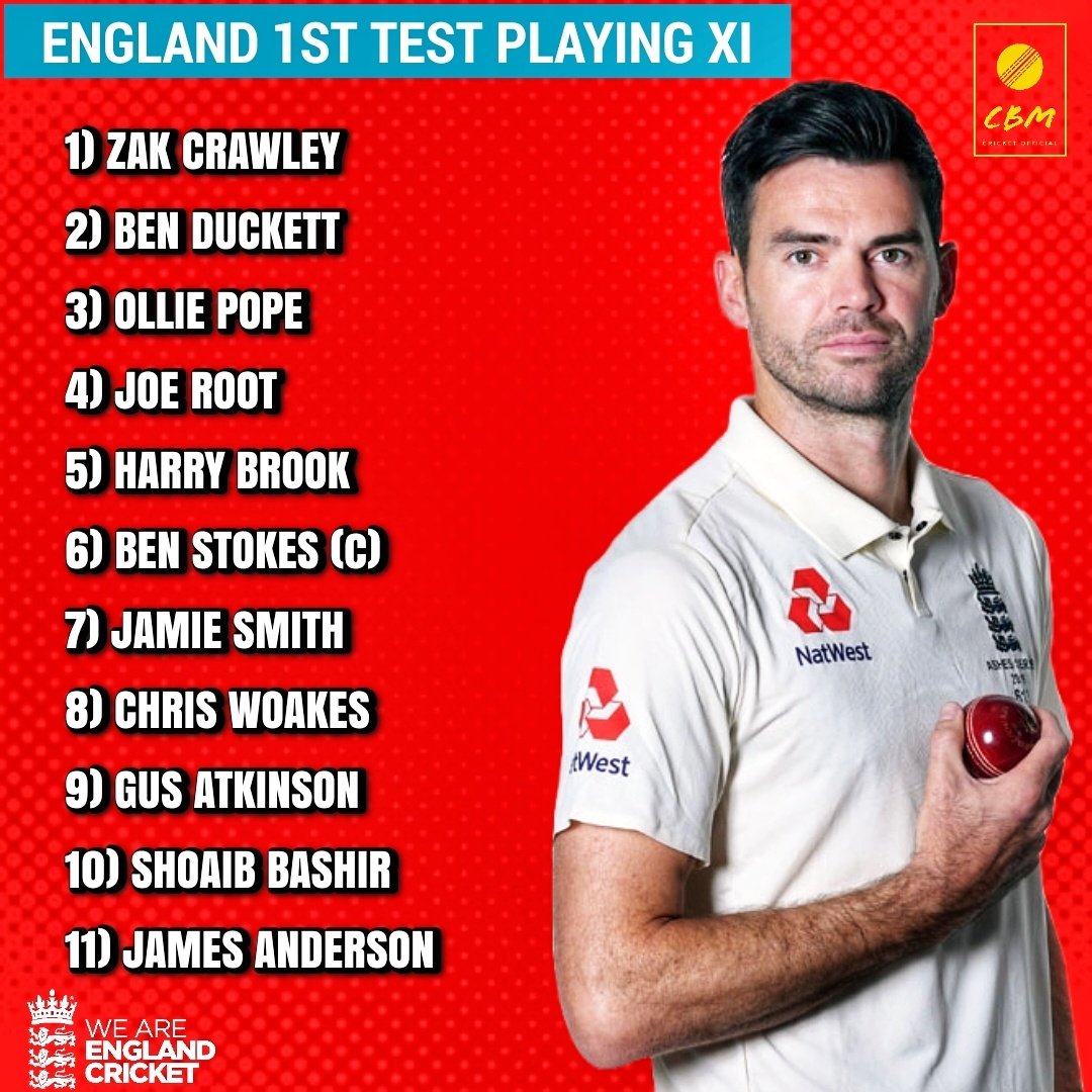 CBMCRICKET's tweet photo. #England Playing 11 for the First Test Match against West Indies 

✅ Final Test Match for James Anderson 🙌

#engvswi #ENGSWI #JIMMY 

@englandcricket @benstokes38 https://t.co/VbPmpUx5Ej
