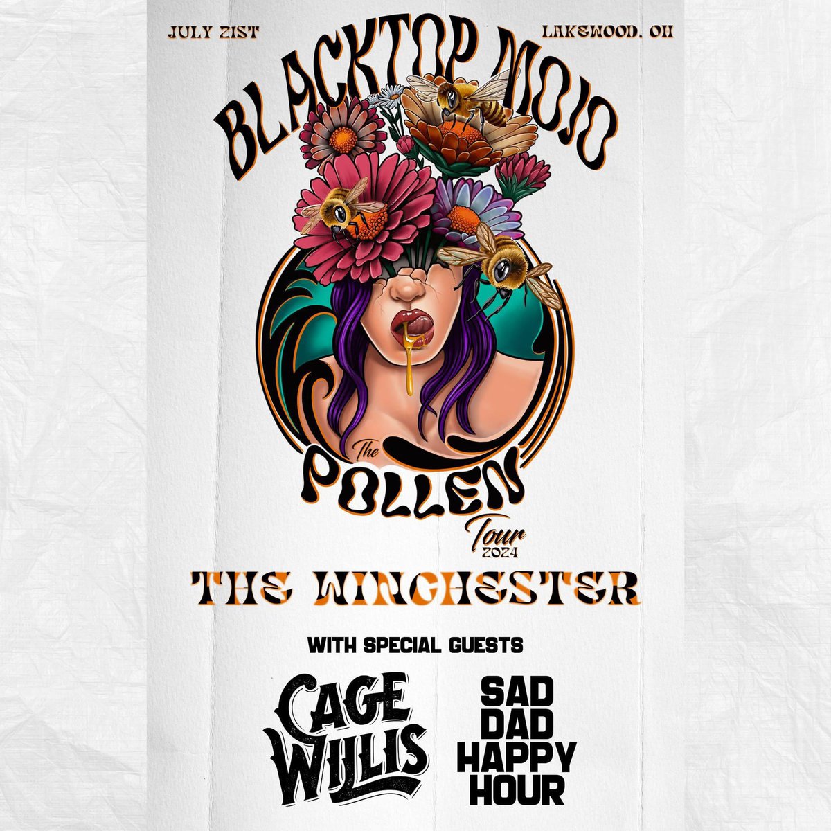 TWO WEEKS! Blacktop Mojo bring that mojo magic to the streets of Lakewood, July 21st at The Winchester! 🖤🐝 with some help from Cage Willis and Sad Dad Happy Hour

TICKETS: bit.ly/3XyveTc