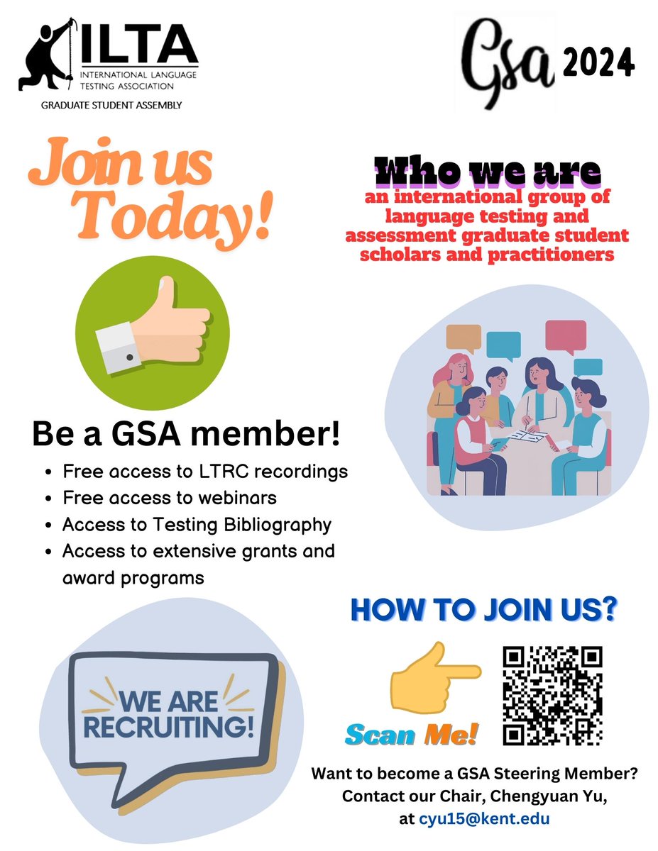 ilta-gsa (@iita_gsa) on Twitter photo Join the ILTA Graduate Student Assembly! 🌟 Enjoy free access to webinars, LTRC recordings, and more. Scan the QR code on the flyer to learn how to join. Interested in a leadership role? We're recruiting for the GSA Steering Committee! 📚✨ #ILTA #GSA2024 #LanguageTesting Join the ILTA Graduate Student Assembly! 🌟 Enjoy free access to webinars, LTRC recordings, and more. Scan the QR code on the flyer to learn how to join. Interested in a leadership role? We're recruiting for the GSA Steering Committee! 📚✨ #ILTA #GSA2024 #LanguageTesting