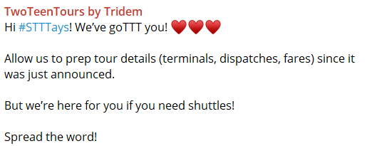 twoteentours's tweet photo. Hi #STTTays! TwoTeenTours is here to help you with shuttles! Be sure to subscribe to our Telegram channel for the latest updates about our Philippine Arena Bulacan concert shuttles for November 23! #DominaTTTion
How to Join - https://t.co/vgscrHLr2g https://t.co/inN4SVw0zZ