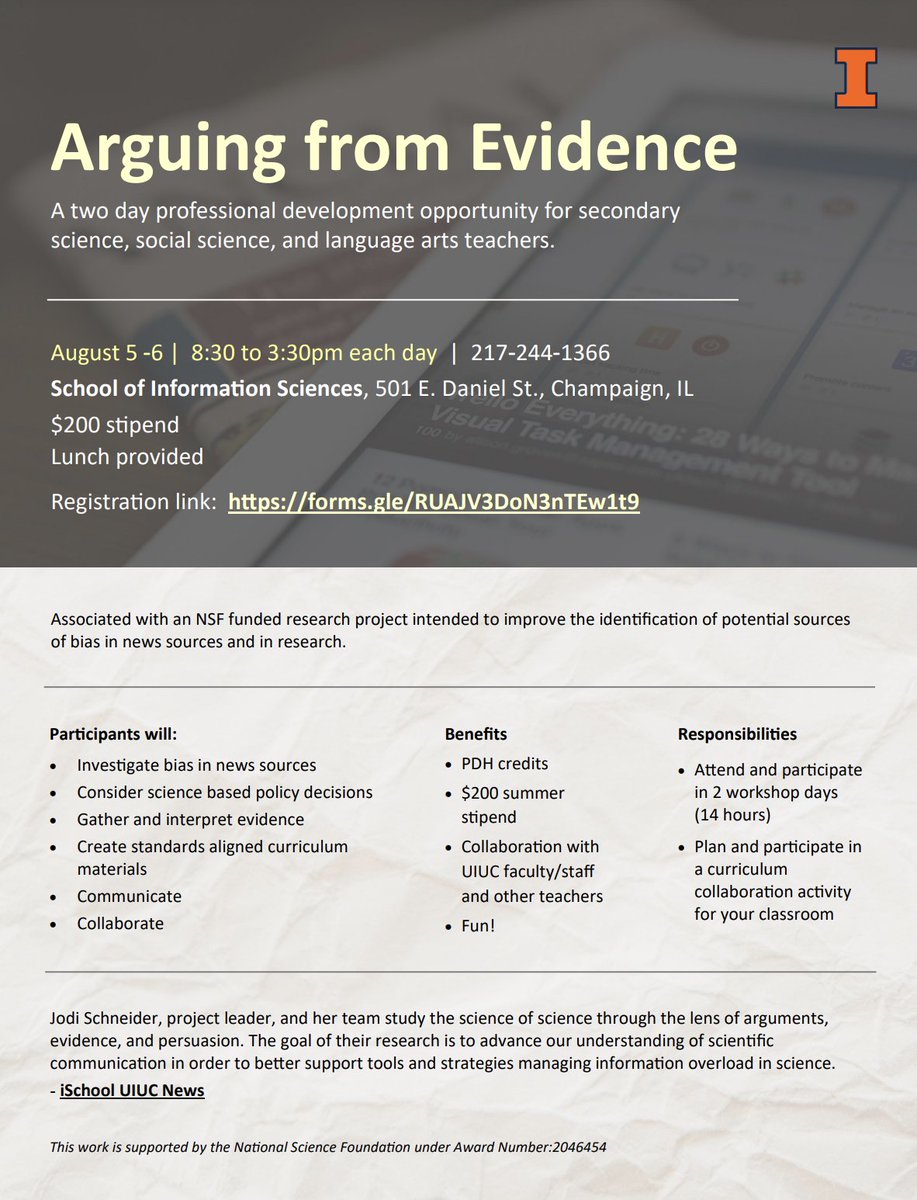 Secondary Science and Language Arts Teachers:

Join this 2-day professional development workshop on August 5-6 to learn how to investigate bias in news sources! PDH credits and $200 summer stipend included. 

Register at: forms.gle/jcAcebNGDpE1TX…