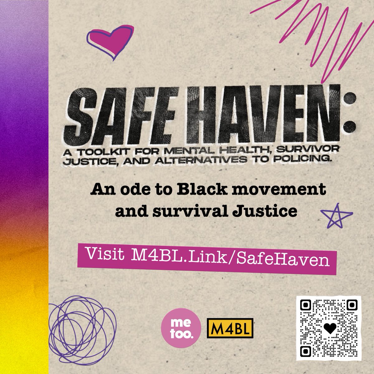 🗣️The “Safe Haven: A Toolkit for Mental Health, Survivor Justice, and Alternatives to Policing” Toolkit has just been released!

@metoomvmt and <a href="/Mvmnt4BlkLives/">Movement 4 Black Lives</a> ’s teamed up to create this toolkit as a gift to Black movement.

Visit M4BL.Link/SafeHaven  To learn more!