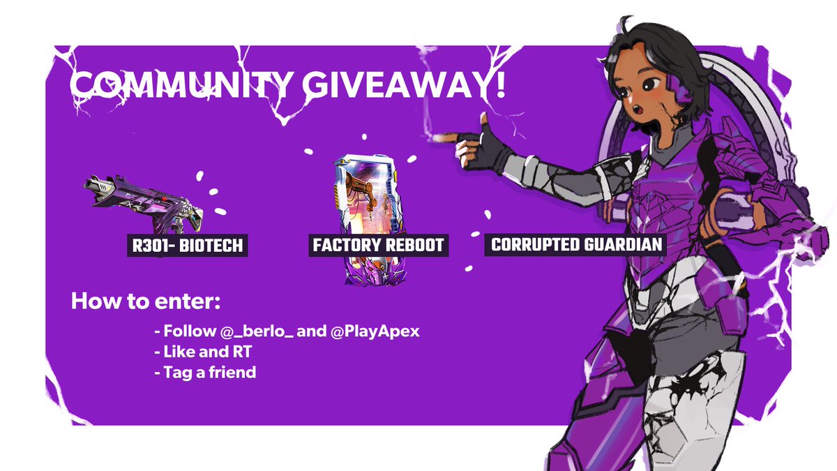 It's time for another Apex Legends giveaway! 
For this Corrupted Summer event you'd get the skins below! 

To Enter:
- Follow <a href="/_berlo_/">berlo | comms open</a> and <a href="/PlayApex/">Apex Legends</a> 
- Like and RT
- Tag a friend 

The lucky winner for this #ApexLegends giveaway will be drawn on 7/10 pst ^^
