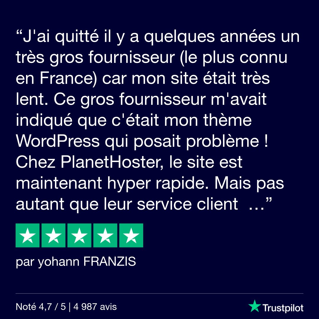 PlanetHoster's tweet image. 📢 Témoignage Client ⭐⭐⭐⭐⭐

Nous sommes ravis de partager cette expérience de Yohann FRANZIS depuis notre @Trustpilot

Merci pour votre confiance Yohann ! 🙌

 #AvisClient #HébergementWeb #Trustpilot