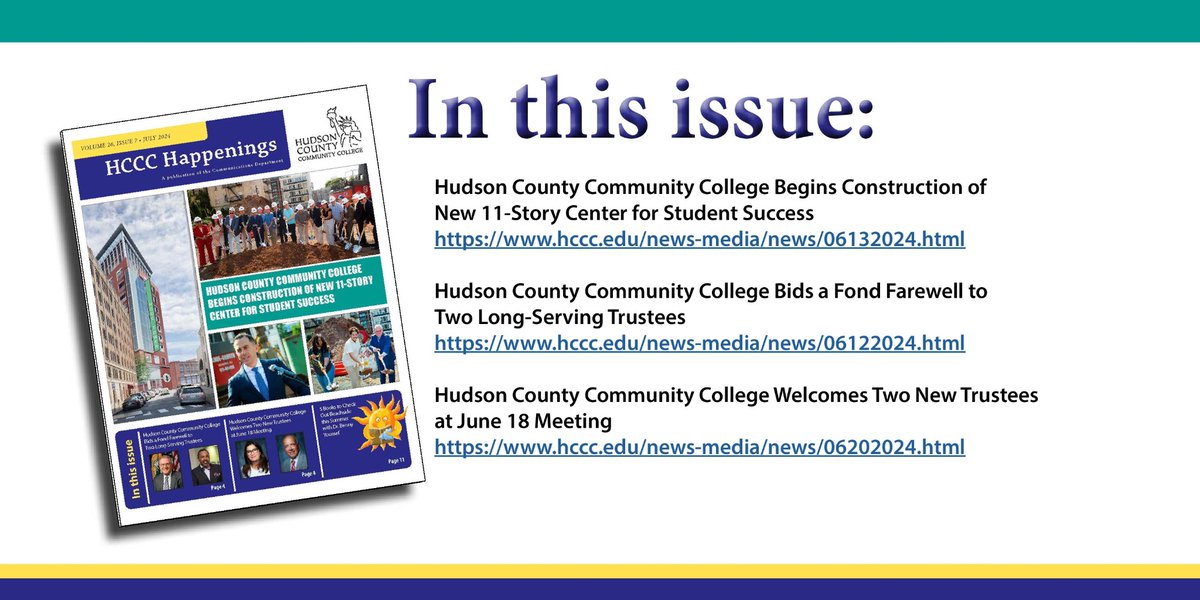 HudsonCCC's tweet image. The July HCCC Happenings is now available for reading.
hccc.edu/news-media/res…
#HCCCSummer2024 #HCCCHappenings #InThisIssue @NJCommColleges @DrCReber @CCTrustees @Comm_College @HudCoTweet @CraigGuyHC @AchieveTheDream @PHITHETAKAPPA @BHEF @MastConstr @HACUNews @NISOD @NASPAtweets