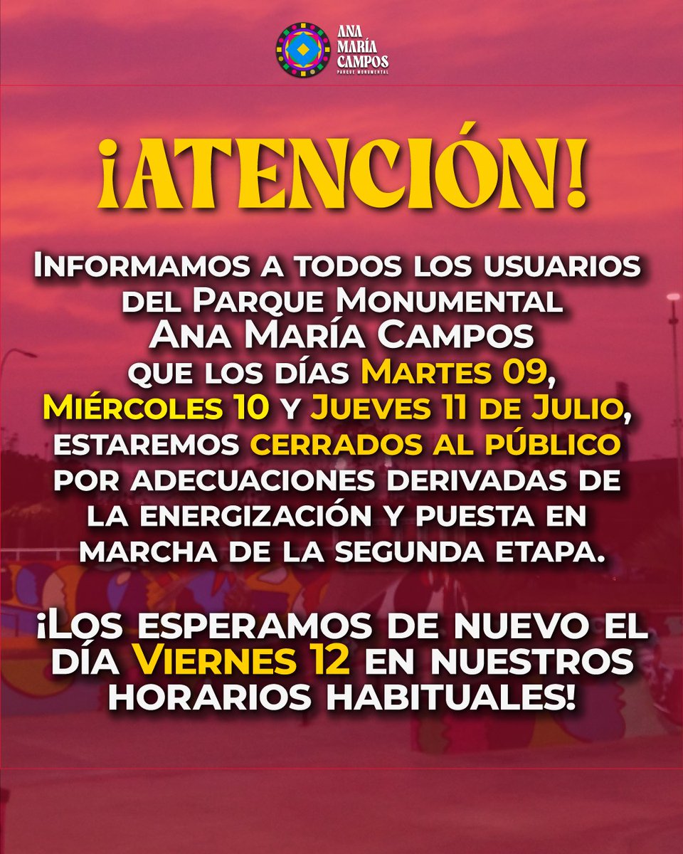 📣 Información importante 

Estaremos cerrados al público del 9 al 11 de julio por trabajos concernientes a la segunda etapa.

Te esperamos el próximo viernes 12 de julio a partir de las 6 de la mañana

#Maracaibo 
#Zulia