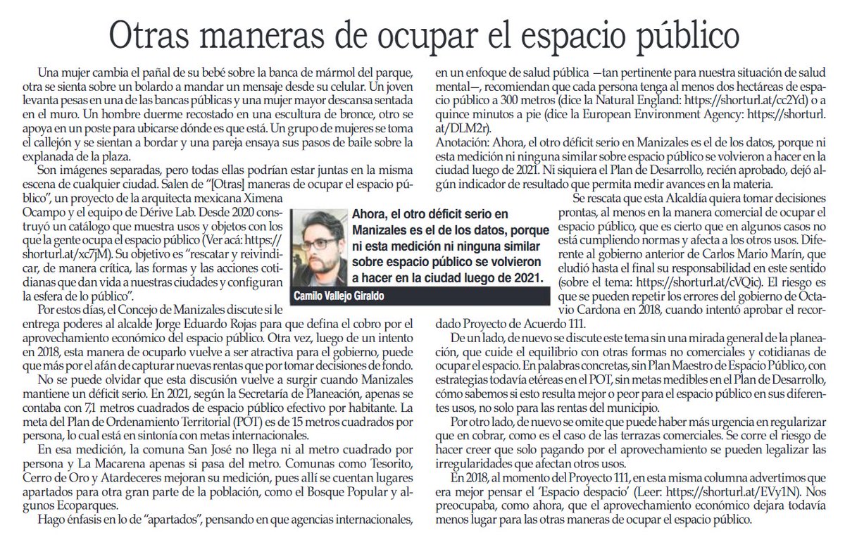 #Opinión Manizales discute el cobro por aprovechamiento económico del espacio público. Escribí en <a href="/lapatriacom/">Periódico LA PATRIA</a> sobre no desconocer, en nuestro poco espacio, las "[Otras] maneras de ocupar el espacio público"; como muestra el catálogo de usos y resistencias de <a href="/xoaa/">Ximena Ocampo</a> y <a href="/derive_lab/">dérive lab</a>.