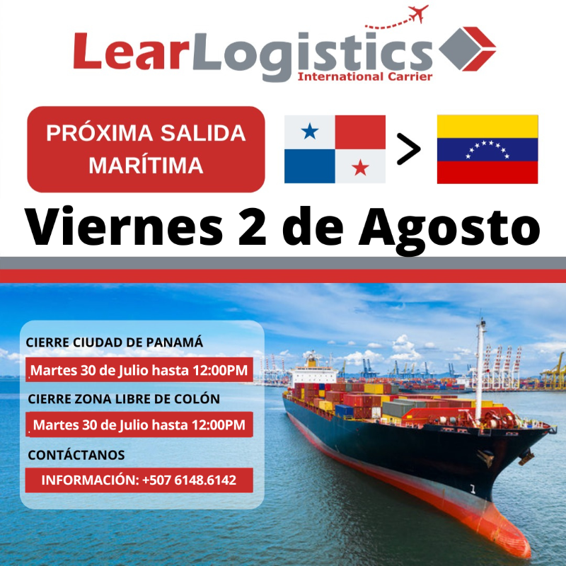 Salida Marítima #PanamaVenezuela el 2 de Agosto 2024.  

- ¡Cotiza con nosotros!   
- Envía con los expertos en el área  
- 💪 Deja tu inversión en nuestras manos.     

Dos Salidas Aéreas Panamá/Venezuela cada semana 📷 
#tucargasegura #learlogistics