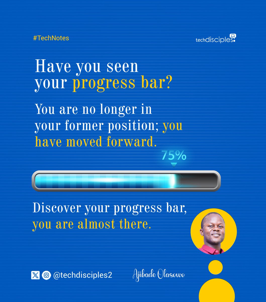 techdisciples's tweet image. #AjibadeOlasowo
#techdisciples
The computer 'progress bar' shows you when a task starts, reveals where you are, and also shows the estimated time the task will be completed.
Dear Reader, you are doing wonderfully well.
Grace and speed to you.
#InspiredThoughts
#TechNotes
