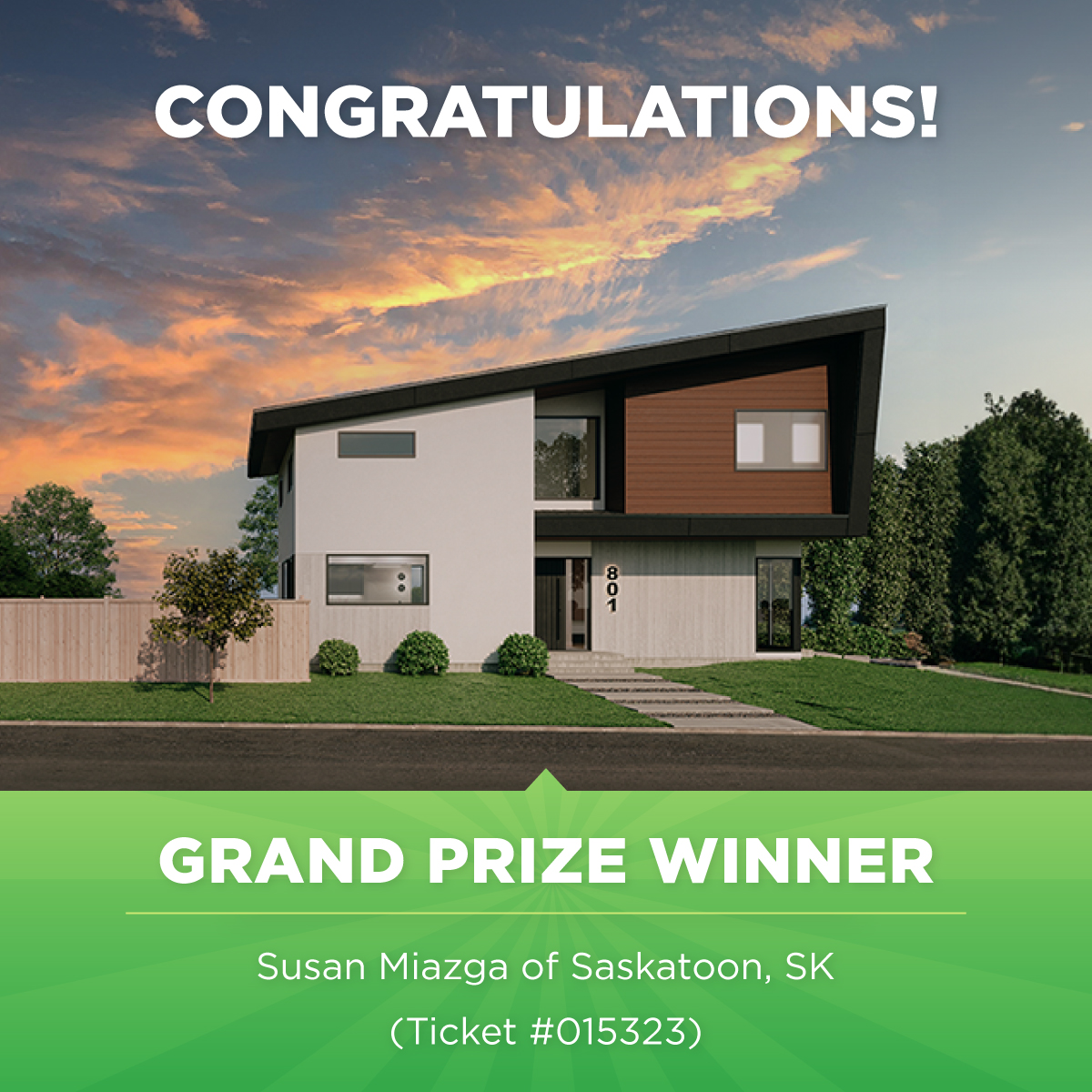 We are ecstatic to present our TOP prize WINNERS!

🏡Susan Miazga of Saskatoon, SK (Ticket #015323) who has won the $1.4 Million Grand Prize Showhome, PLUS $10,000 Cash!

💰Russell Wittke of Humboldt, SK (Ticket #312476) who has won the 50/50 Add-On and took home $290,937.50!