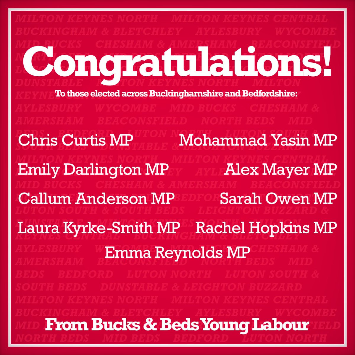 A MASSIVE congratulations from us to those elected and re-elected as Labour MPs across Buckinghamshire and Bedfordshire last week! 🌹 🎉 

We look forward to working with this amazing eight going forward. The hard work starts now…