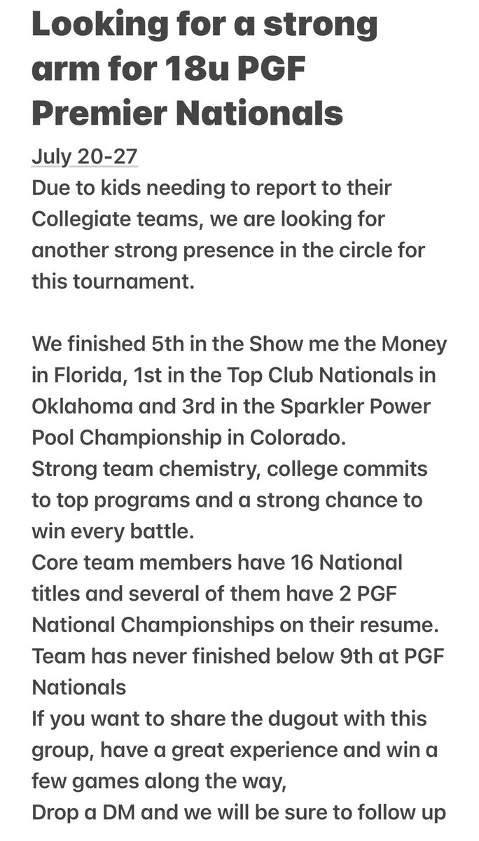 See attachment for a great opportunity with us at PGF Nationals 18u. 
Any Alliance Nationals participants that are looking to log innings in Cali, give us a shout. <a href="/PGFnetwork/">PGF</a> <a href="/BretDenio/">Bret Denio/PGF NATIONAL DIRECTOR/ExplosionSoftball</a> 

California has much better weather than Indiana 😎😎 #isaidwhatisaid
