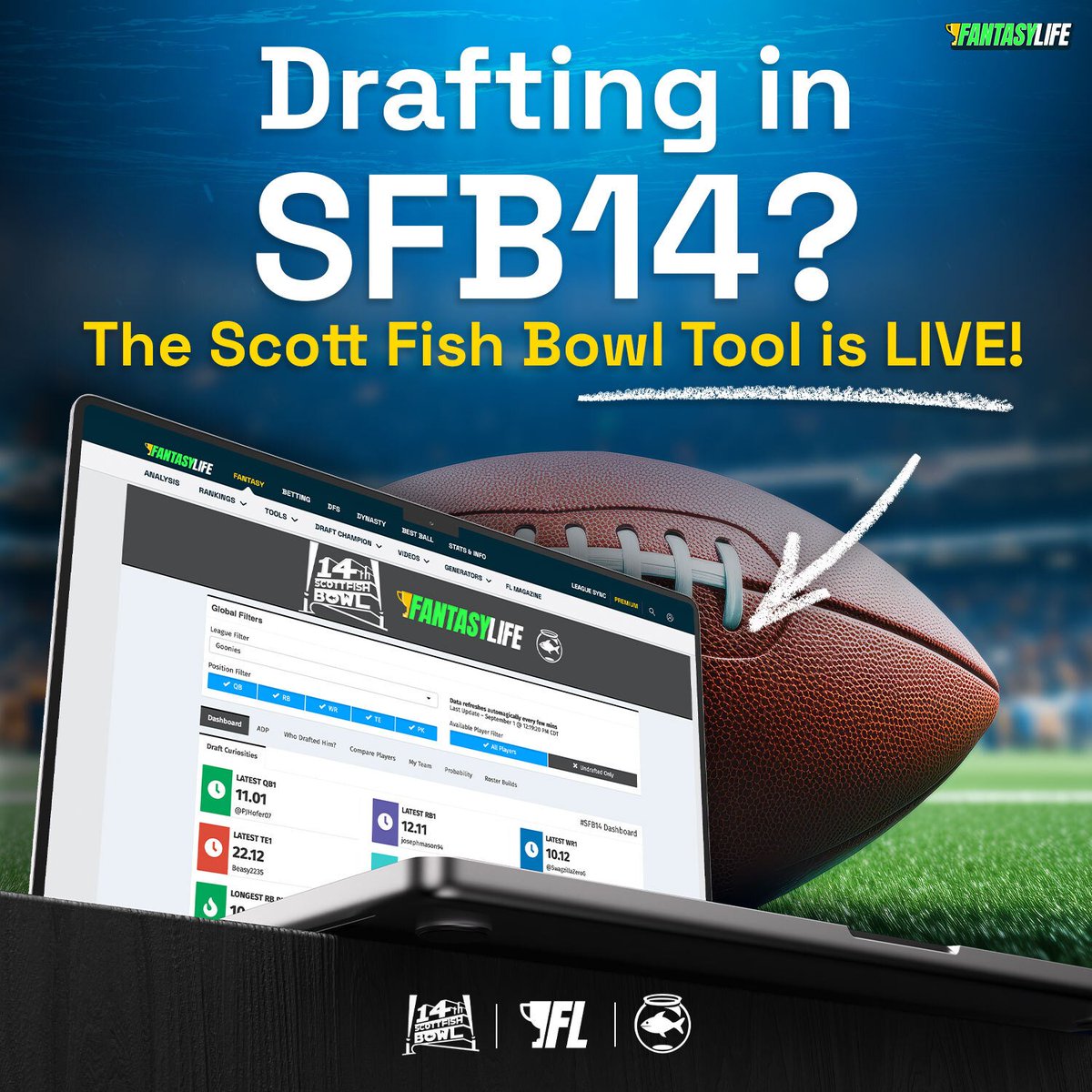 MBFantasyLife's tweet photo. #SFB14 is currently underway!

Stay up to date on all of the action with @Josh_ADHD's Scott Fish Bowl Tool 😎

Note: Sleeper ADP is live, we are still resolving MFL issues.

🔗https://t.co/fFcOQc5E6F https://t.co/fI5ODHTPb5