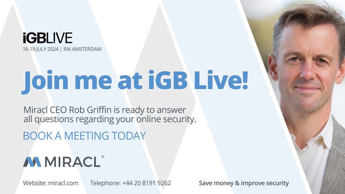 Concerned about your online security? Meet with Rob Griffin at iGB L!VE 2024! 📅16-19 July 2024

Click here to book a meeting: 🔗 calendar.app.google/sgnGbUgxavm8v7…

<a href="/iGamingBusiness/">iGB</a> #iGBLIVE24 #networking #igaming