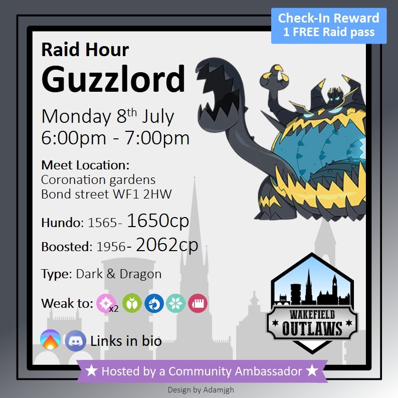 ExOutlaws's tweet photo. Little bit late but meet-up for Guzzlord raid hour today 

🔥 Campfire check-in 🔥
https://t.co/8oUU3be2Z3

#pokemon #pokemongo #pokemongocommunity #pokemongoappuk #niantic #wakefield #wakefieldoutlaws #raidhour #pokemongoraidhour #inboundfromultraspace #ultrabeasts #Guzzlord https://t.co/aWVvHgg0Mv