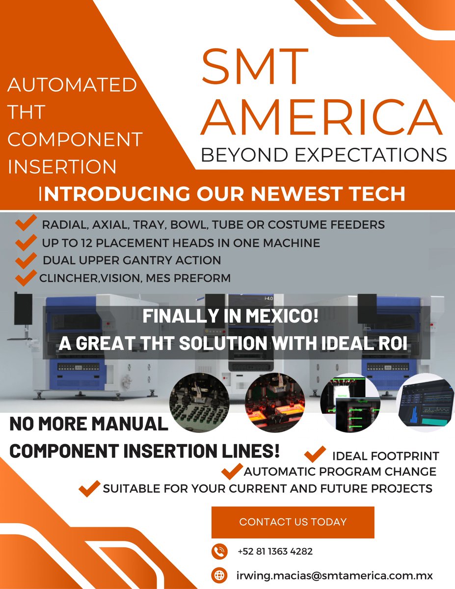 SMTLegacy's tweet image. 📢 #SMTAmerica Introducing our newest tech - Automated THT Component insertion! Finally in Mexico: A great THT Solution with ideal ROI
No more manual component insertion lines!  smtamerica.com.mx
#tht #component #insertion #solution #opportunity #beyondexpectations