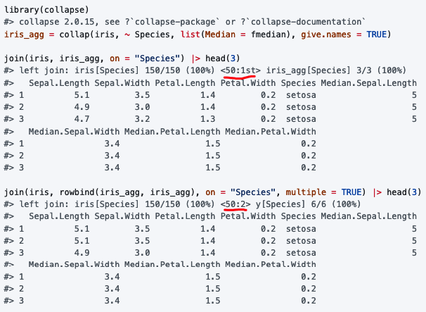 {collapse} v2.0.15, with fast aggregation pivots, has just reached CRAN. A minor but neat feature worth pointing out in this release is enhanced join verbosity. In addition to the join success rates, the join relationship is now determined and reported - at no extra cost #rstats
