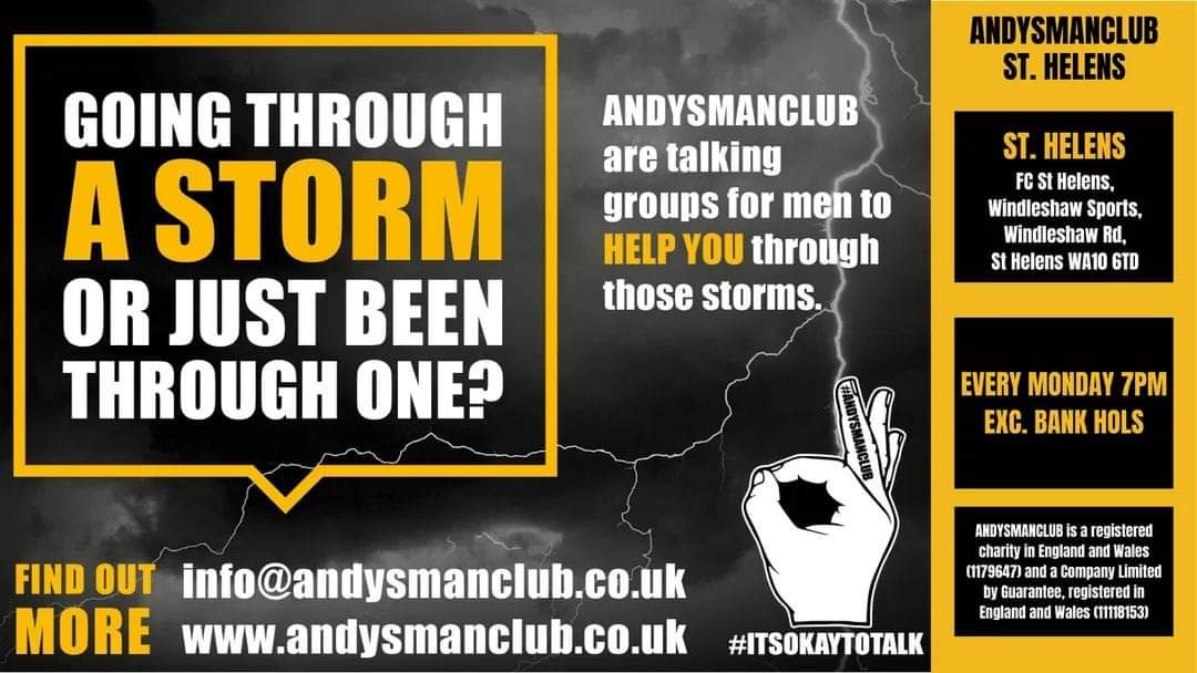 We are open from 6:30pm tonight (session starts at 7pm). Come down, get a cuppa &amp; we will be there to support you. 

FC St Helens, Windleshaw Sports, Windleshaw Road WA10 6TD 📌 

Every Monday bar Bank Holidays, 7pm

#AndysManClub #StHelens  #ITSOKAYTOTALK #mensmentalhealth