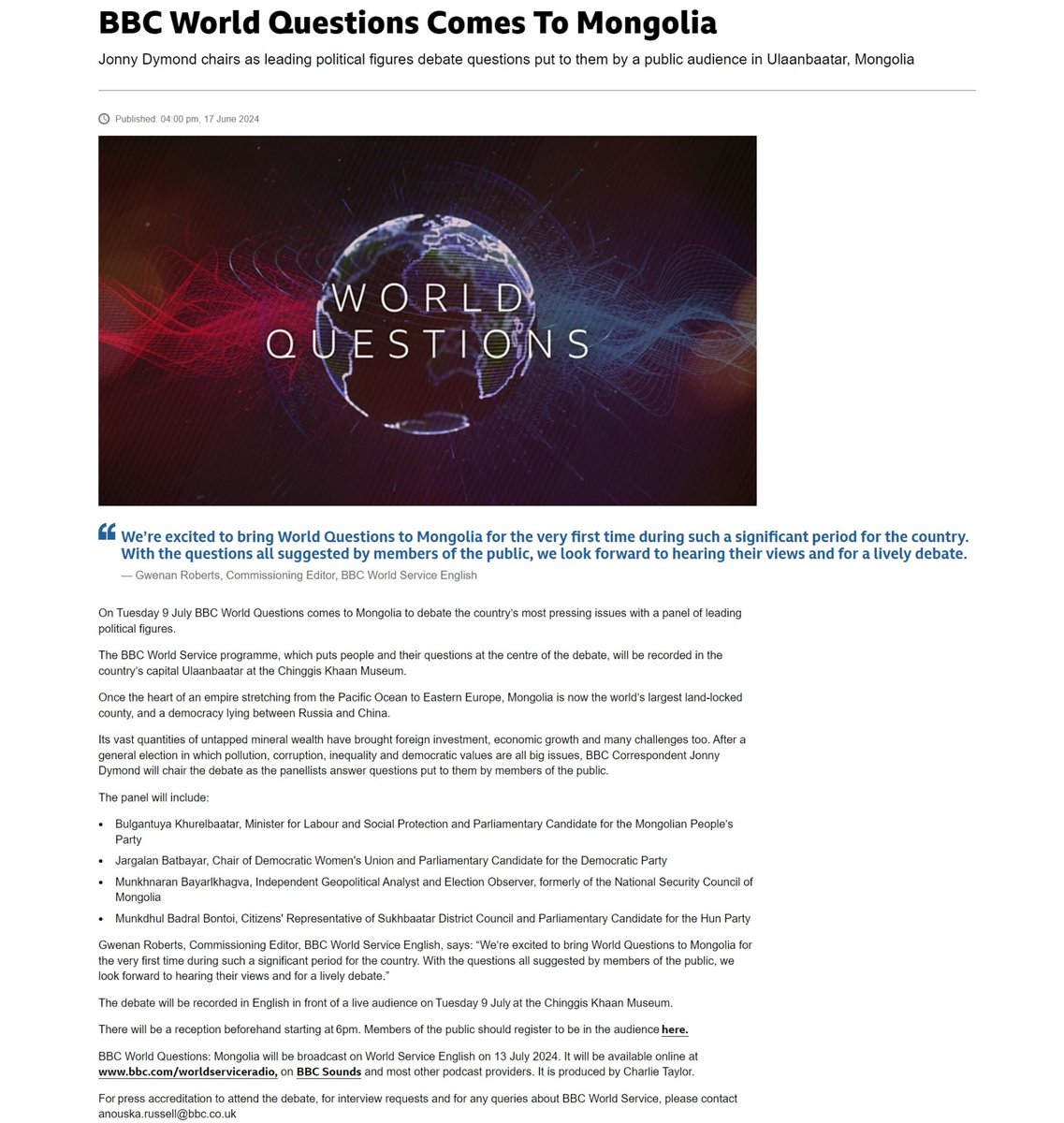 Бага байхад байнга сонсдог байсан <a href="/bbcworldservice/">BBC World Service</a>-н #WorldQuestions хэлэлцүүлэгт МУ-аа, #ХҮНнам-аа төлөөлж өнөөдөр оролцоно.

УИХ-ын гишүүд <a href="/KhBulgan/">Bulgantuya.Kh</a>, <a href="/BodroL/">Jargalan Batbayar</a>, болон геополитик шинжээч <a href="/MoRientalist/">ᠮᠥᠩᠬᠡ ᠨᠠᠷᠠᠨ / Münkhnaran Bayar</a> бид олон нийтээс ирсэн асуултуудад хариулах юм байна.
bbc.com/mediacentre/20…