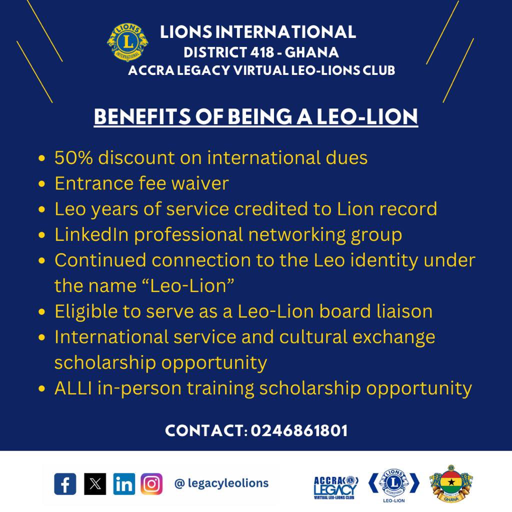 legacyleolions's tweet photo. Join Accra Legacy Virtual Leo-Lions Club and make a difference! 
As a Leo-Lion member, you'll impact lives through meaningful projects, gain personal growth and leadership skills, build lasting friendships, and have a global reach. 
#MembershipGrowth
#AccraLegacy
#LegacyLeoLions https://t.co/zVkwFnXs5y