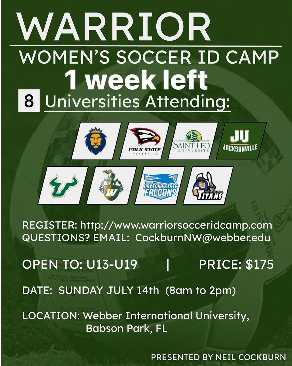 WebberWSOC's tweet image. Last Week to Register for the Warriors Women&apos;s Soccer ID Camp!! 

warriorsocceridcamp.com

#SwordsUp⚔️