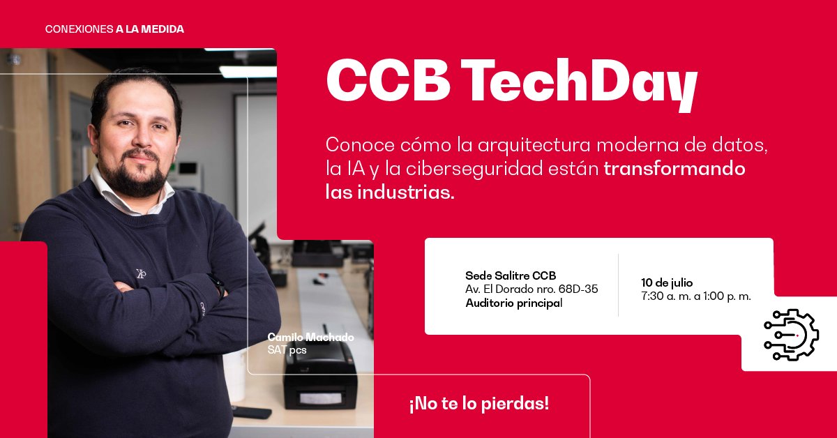 AndresCarboA's tweet image. Los invitamos al CCB Tech Day este miercoles 10 de Julio, Lugar Sede Salitre, auditorio principal Hora 7:30 a.m. Podrá compartir conocimientos, explorar nuevas ideas, establecer alianzas estratégicas para el futuro con tecnología.Regístro: bit.ly/3xGi0JL #ClusterSoftware