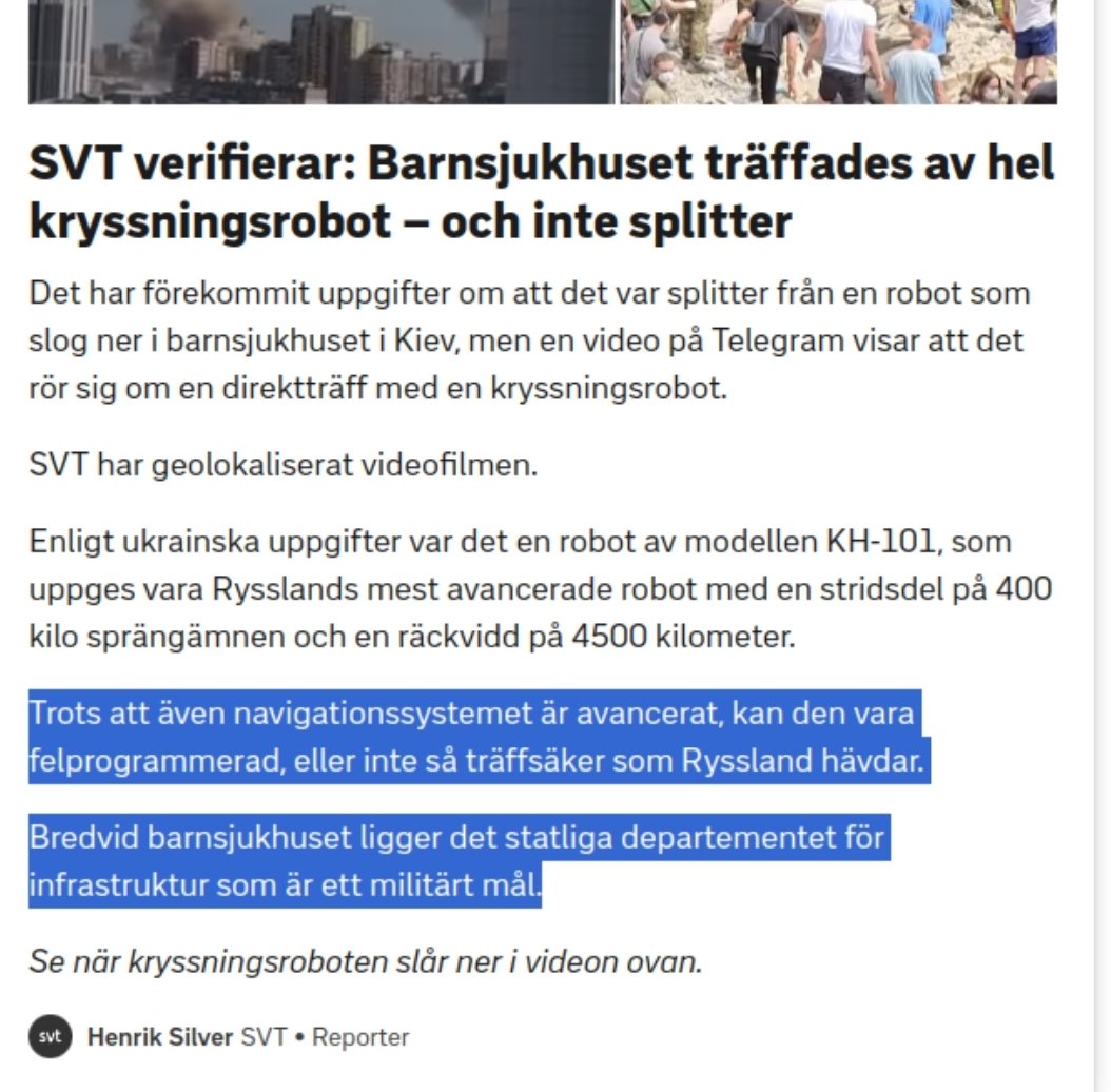 1/8: Svensk public service <a href="/svtnyheter/">SVT Nyheter</a> menar alltså på fullaste allvar att anfallet på barnskjukuset i Kiev kan förklaras (ursäktas) genom att det ligger brevid ministeriet för infrastruktur som enligt <a href="/svt/">SVT</a> är ett "militärt mål". Det är fel enligt Genevekonventionen.
