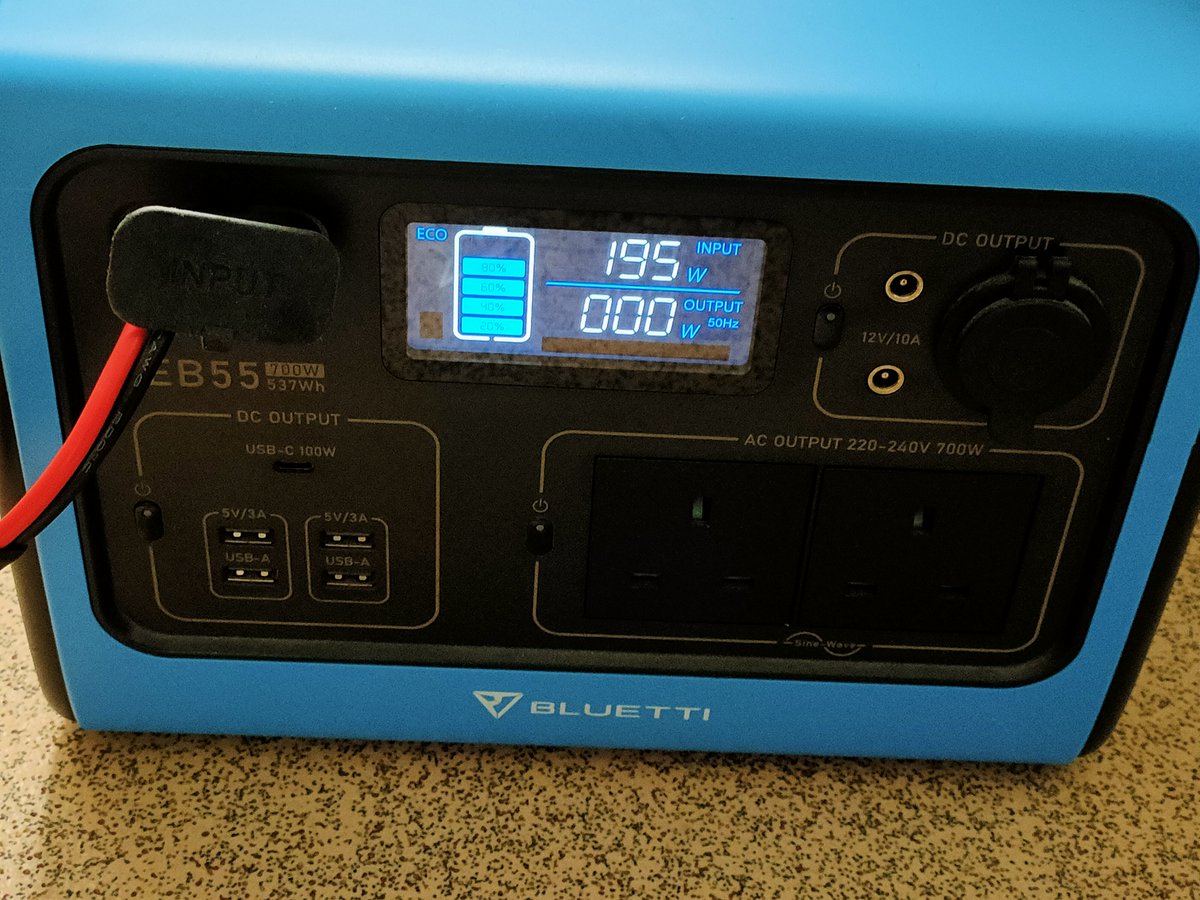 Beauty of having your own off-grid system is that you can charge the battery bank during the day, and recharge your power station at your convenience.

Here's my <a href="/bluetti_inc/">BLUETTI</a> EB55 charging via a 24V LiFePo4 battery.