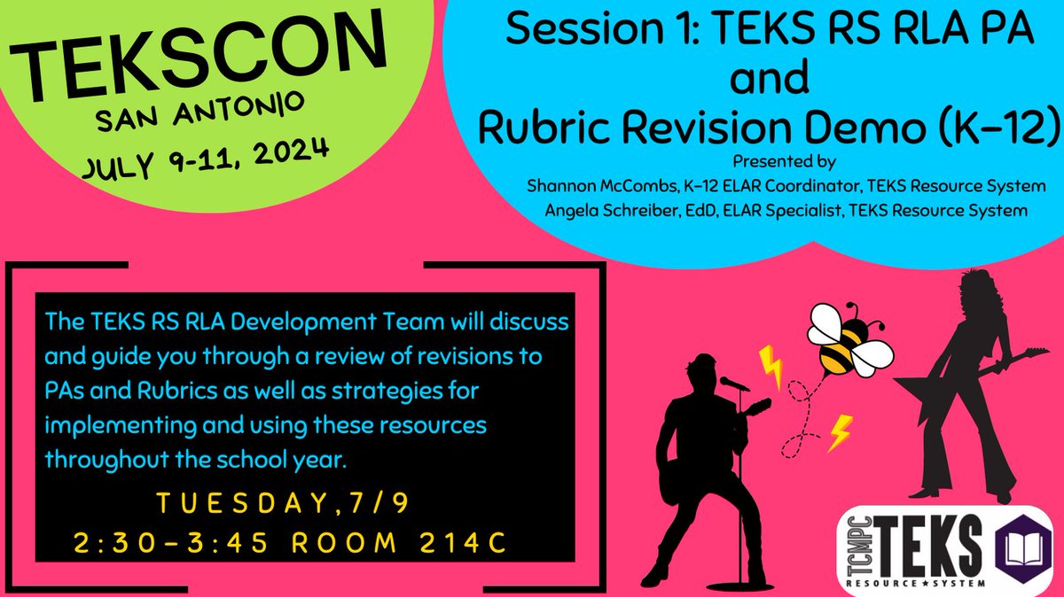 🎓 Calling RLA educators! 📚 Join our session on Tuesday to learn about RLA PA and Rubric revisions, explore strategies for implementation, and connect with fellow RLA educators.  🎸✨  #TEKSCON24 #texasteachers #elateacher #txed #texasteachertribe #texasteacher