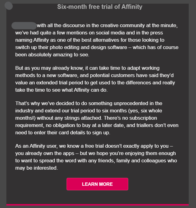 Very bold move @affinitybyserif !! Loving it! Let's hope all the #adobe users realise the importance of taking you up on that 6 month free trial 🤞 #affinityphoto #photoshop #creative #design #graphicdesigner #GraphicDesign #affinity #freetrial