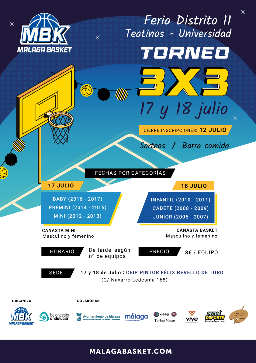 ¡Todavía puedes apuntarte al  🤼‍♀️ Torneo 3x3 Málaga Basket Feria #Teatinos! 17 y 18 julio en CEIP Pintor Félix Revello de Toro  💰 Precio de inscripción:  8€ / equipo
❗Fecha límite inscripción: 12 de julio +info: malagabasket.com/es/news/abiert… #Torneo3x3 #malaga #Baloncesto #VeranoMBK